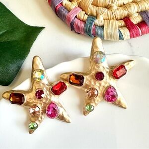 2/$30🌵 Gold Rhinestone Studded Starfish Earrings Star Colorful Ocean Beach NEW